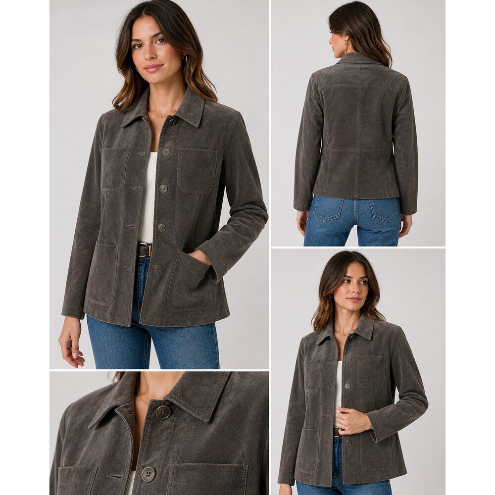 Caslon Nordstrom Genuine Leather Jacket XS Gray Button Front 4 PocketCategory